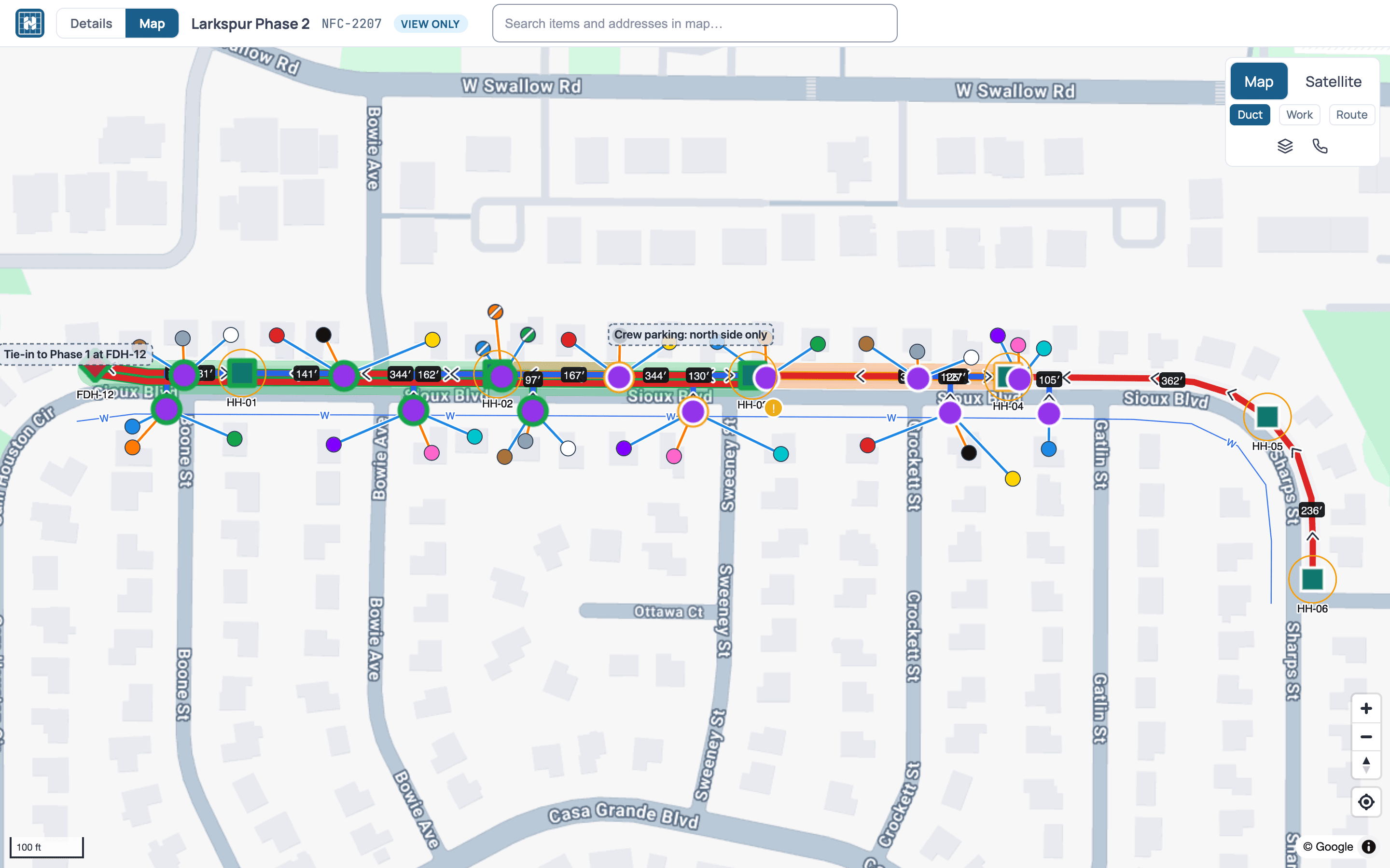 A client's view link: the whole route on the map, marked view only